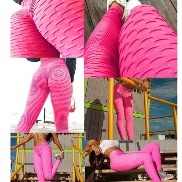 Women’s Leggings High Waisted Yoga Pants Textured Pink Butt Lift Size S NEW - Picture 2 of 13